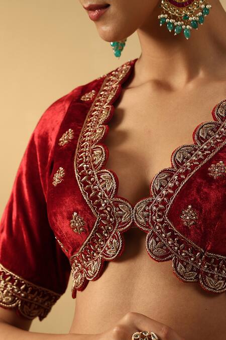 Weaver Story_Maroon Velvet Embroidery Plunge Neck Zardozi Hand Blouse _Online_at_Aza_Fashions