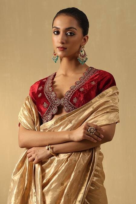 Buy_Weaver Story_Maroon Velvet Embroidery Plunge Neck Zardozi Hand Blouse _Online_at_Aza_Fashions