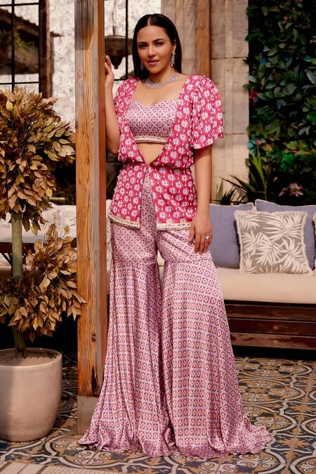 Buy_Gauri Dhawan_Pink Cupro Satin Printed Geometric Jacket Open Peplum Sharara Set_Online_at_Aza_Fashions