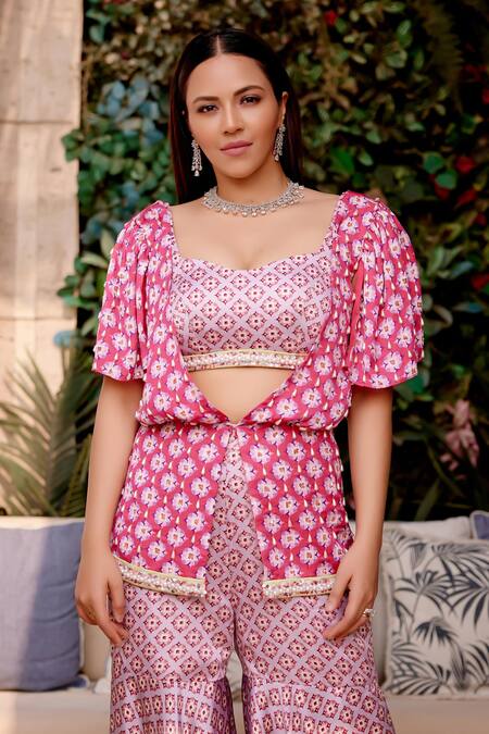 Shop_Gauri Dhawan_Pink Cupro Satin Printed Geometric Jacket Open Peplum Sharara Set_Online_at_Aza_Fashions