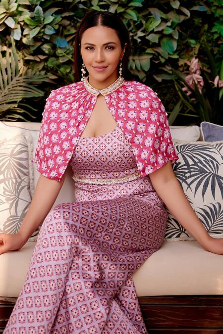 Gauri Dhawan_Pink Cotton Pearls, Sequins Round Neck Geometric Print Cape With Jumpsuit_Online_at_Aza_Fashions