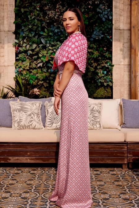 Buy_Gauri Dhawan_Pink Cotton Pearls, Sequins Round Neck Geometric Print Cape With Jumpsuit_Online_at_Aza_Fashions