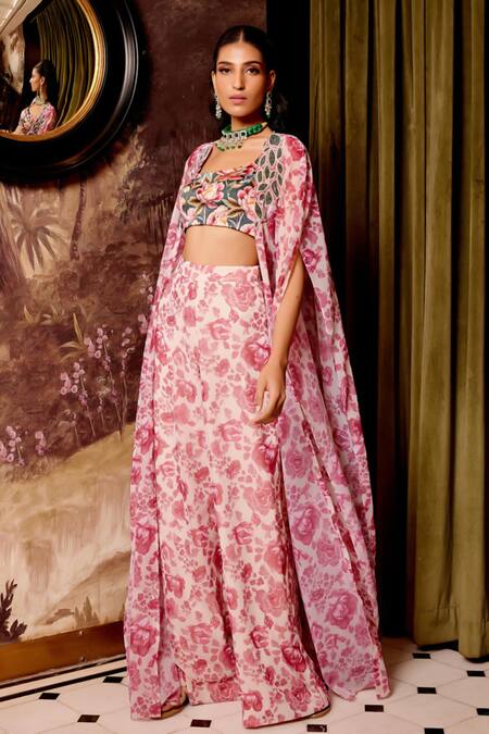 Gauri Dhawan_Pink Cupro Satin Printed Floral Cape Shawl Collar Pant Set_Online_at_Aza_Fashions