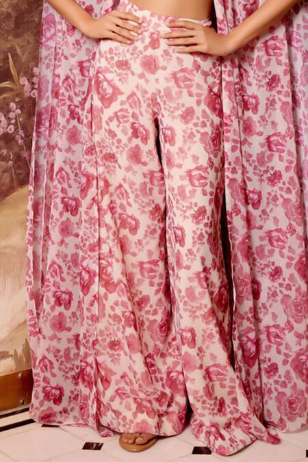 Buy_Gauri Dhawan_Pink Cupro Satin Printed Floral Cape Shawl Collar Pant Set_Online_at_Aza_Fashions