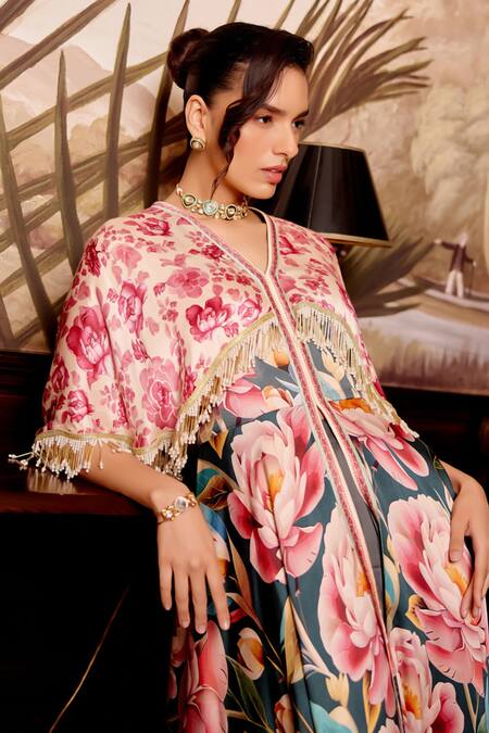 Gauri Dhawan_Multi Color Cupro Satin Printed Floral V-neck Cape Anarkali Set_Online_at_Aza_Fashions
