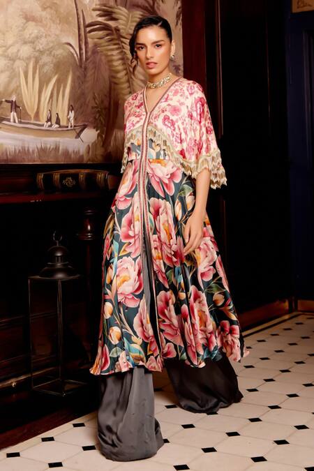Buy_Gauri Dhawan_Multi Color Cupro Satin Printed Floral V-neck Cape Anarkali Set_Online_at_Aza_Fashions