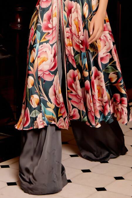 Shop_Gauri Dhawan_Multi Color Cupro Satin Printed Floral V-neck Cape Anarkali Set_Online_at_Aza_Fashions