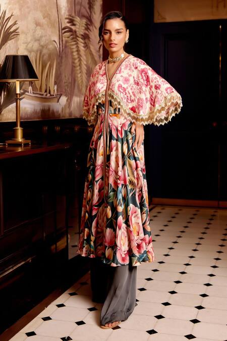 Gauri Dhawan_Multi Color Cupro Satin Printed Floral V-neck Cape Anarkali Set_at_Aza_Fashions