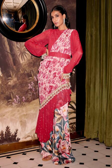 Gauri Dhawan_Pink Cupro Satin Printed Floral Round Asymmetric Embellished Tunic Pant Set_Online_at_Aza_Fashions