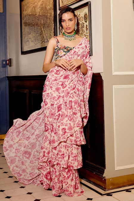 Gauri Dhawan Blossom Print Ruffle Saree With Unstitched Blouse Piece 