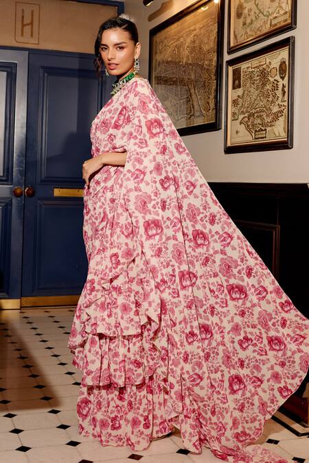 Gauri Dhawan_Pink Georgette Printed Floral Blossom Ruffle Saree With Unstitched Blouse Piece_Online_at_Aza_Fashions