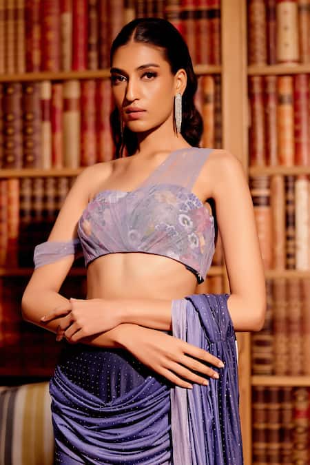 Buy Gauri Dhawan Multi Color Butter Knit Jersey Printed Floral One Shoulder Layered Blouse Online at Aza Fashions Buy_Gauri Dhawan_Multi Color Butter Knit Jersey Printed Floral One Shoulder Layered Blouse_Online_at_Aza_Fashions