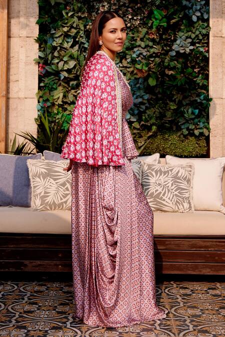 Gauri Dhawan_Pink Cupro Satin Printed Geometric V-neck Cape Tunic Skirt Set_Online_at_Aza_Fashions