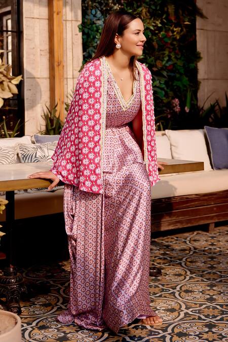 Shop_Gauri Dhawan_Pink Cupro Satin Printed Geometric V-neck Cape Tunic Skirt Set_Online_at_Aza_Fashions
