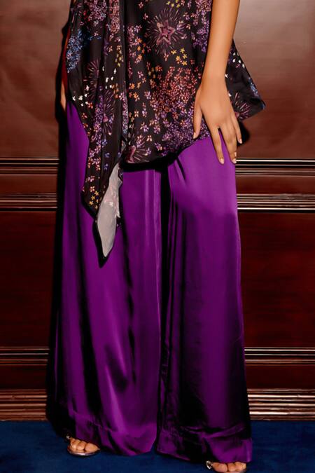 Gauri Dhawan Multi Color Cupro Satin Printed Floral One Star Asymmetric Kurta With Pant Online at Aza Fashions Gauri Dhawan_Multi Color Cupro Satin Printed Floral One Star Asymmetric Kurta With Pant_Online_at_Aza_Fashions