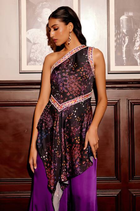 Buy Gauri Dhawan Multi Color Cupro Satin Printed Floral One Star Asymmetric Kurta With Pant Online at Aza Fashions Buy_Gauri Dhawan_Multi Color Cupro Satin Printed Floral One Star Asymmetric Kurta With Pant_Online_at_Aza_Fashions