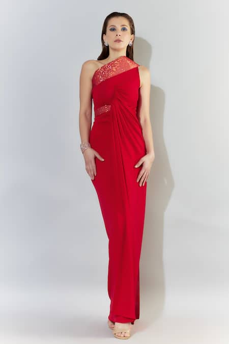 Buy_Cham Cham_Red Polyester One Shoulder Draped Gown _Online_at_Aza_Fashions