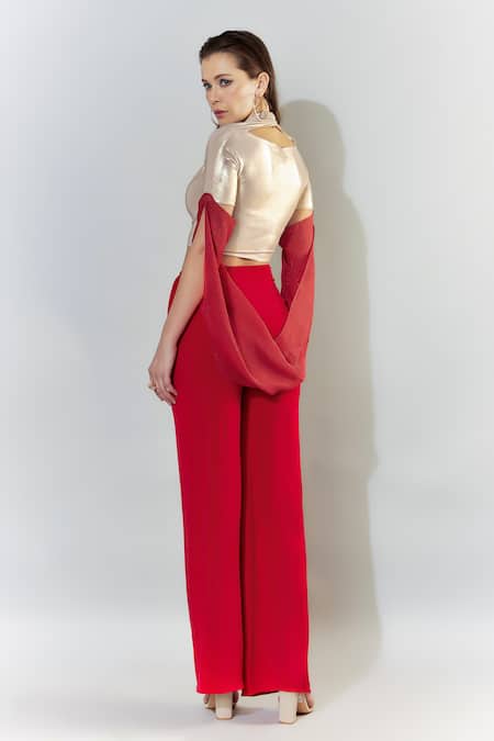 Shop_Cham Cham_Gold Lace, Kota Doria Cowl Neck Metallic Crop Top And Pant Set _at_Aza_Fashions