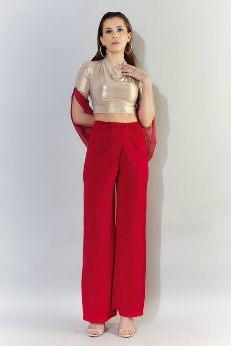 Cham Cham_Gold Lace, Kota Doria Cowl Neck Metallic Crop Top And Pant Set _Online_at_Aza_Fashions