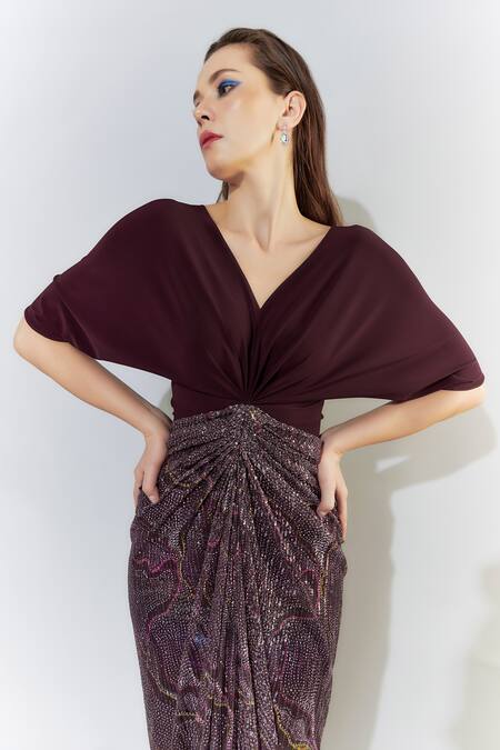 Cham Cham Wine Sequins V-neck Draped Embellished Dress Online at Aza Fashions Cham Cham_Wine Sequins V-neck Draped Embellished Dress_Online_at_Aza_Fashions