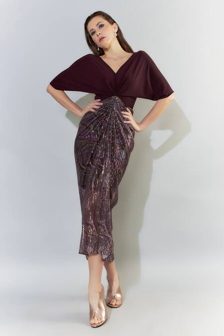 Buy Cham Cham Wine Sequins V-neck Draped Embellished Dress Online at Aza Fashions Buy_Cham Cham_Wine Sequins V-neck Draped Embellished Dress_Online_at_Aza_Fashions