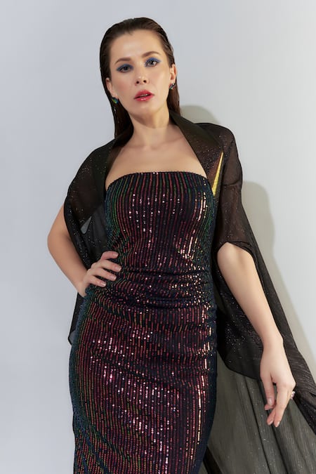 Cham Cham_Black Chiffon Sequins Off-shoulder, Open Neck Metallic Gown With Jacket _Online_at_Aza_Fashions