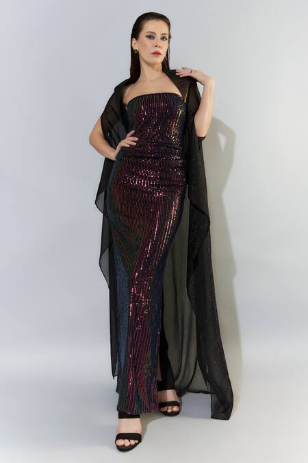 Buy_Cham Cham_Black Chiffon Sequins Off-shoulder, Open Neck Metallic Gown With Jacket _Online_at_Aza_Fashions