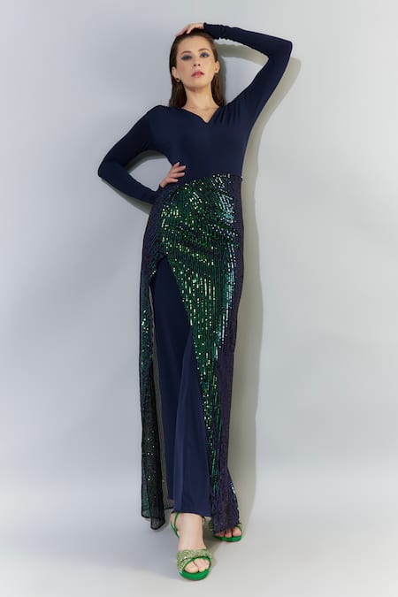 Cham Cham Blue Stretch Knit Embellished Sequin V Neck Solid Jumpsuit With Overlap Drape 