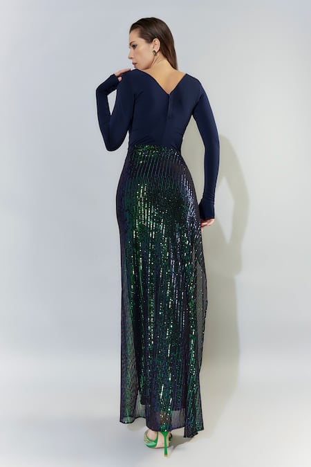 Shop Cham Cham Blue Satin Sequins V-neck Solid Jumpsuit With Overlap Drape at Aza Fashions Shop_Cham Cham_Blue Satin Sequins V-neck Solid Jumpsuit With Overlap Drape _at_Aza_Fashions