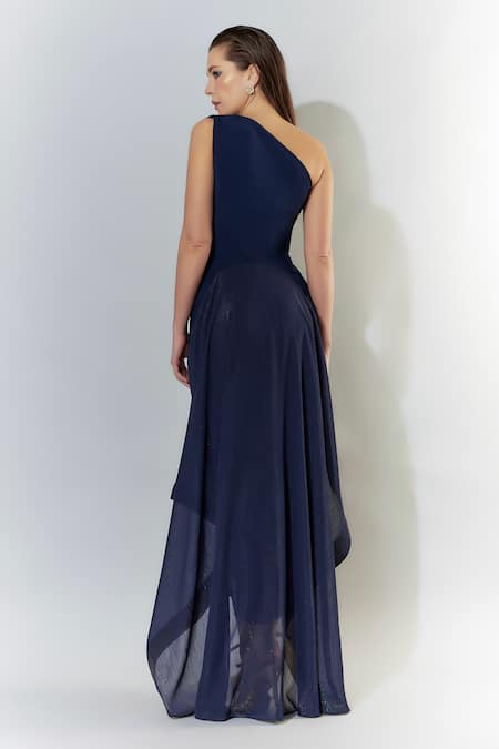 Shop_Cham Cham_Blue Chiffon Sequins One Shoulder Gathered Gown _at_Aza_Fashions