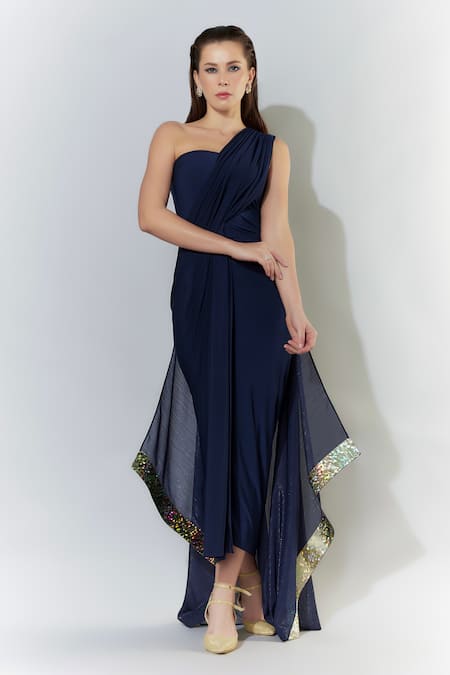 Buy_Cham Cham_Blue Chiffon Sequins One Shoulder Gathered Gown _Online_at_Aza_Fashions