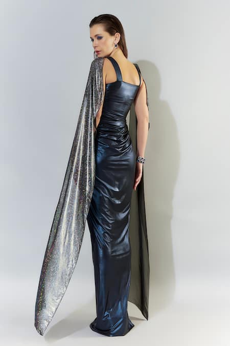Shop_Cham Cham_Blue Lurex, Chiffon Foil Printing V-neck Metallic Gathered Gown _at_Aza_Fashions