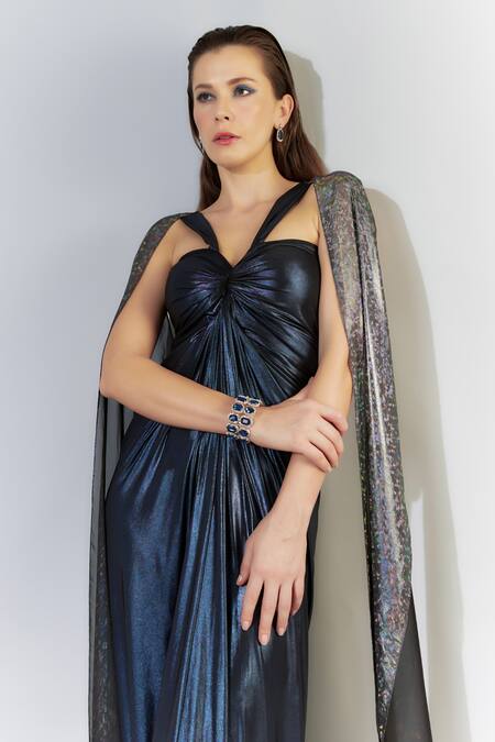 Cham Cham_Blue Lurex, Chiffon Foil Printing V-neck Metallic Gathered Gown _Online_at_Aza_Fashions
