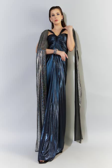 Buy_Cham Cham_Blue Lurex, Chiffon Foil Printing V-neck Metallic Gathered Gown _Online_at_Aza_Fashions