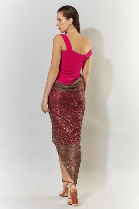 Shop_Cham Cham_Fuchsia Polyester, Spandex Sequins Asymmetric Draped Midi Dress _at_Aza_Fashions