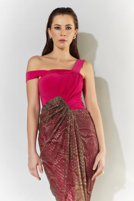 Cham Cham_Fuchsia Polyester, Spandex Sequins Asymmetric Draped Midi Dress _Online_at_Aza_Fashions