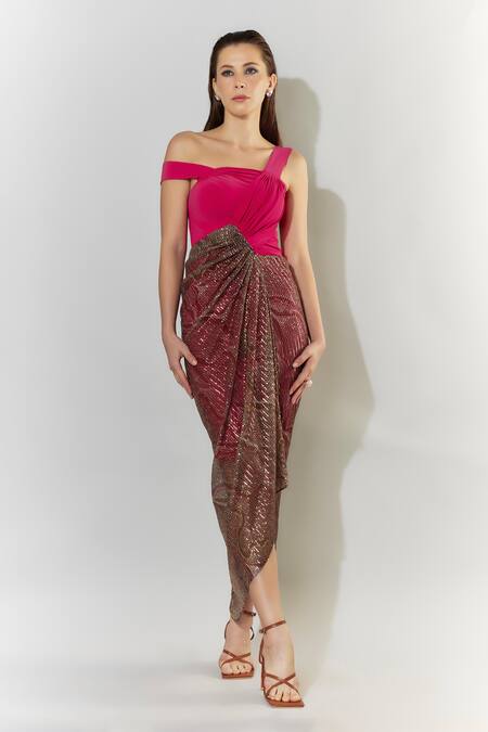 Buy_Cham Cham_Fuchsia Polyester, Spandex Sequins Asymmetric Draped Midi Dress _Online_at_Aza_Fashions