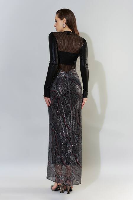Shop Cham Cham Black Kota Doria Embroidery, Sequins Round Neck Metallic Printed Maxi Dress at Aza Fashions Shop_Cham Cham_Black Kota Doria Embroidery, Sequins Round Neck Metallic Printed Maxi Dress_at_Aza_Fashions