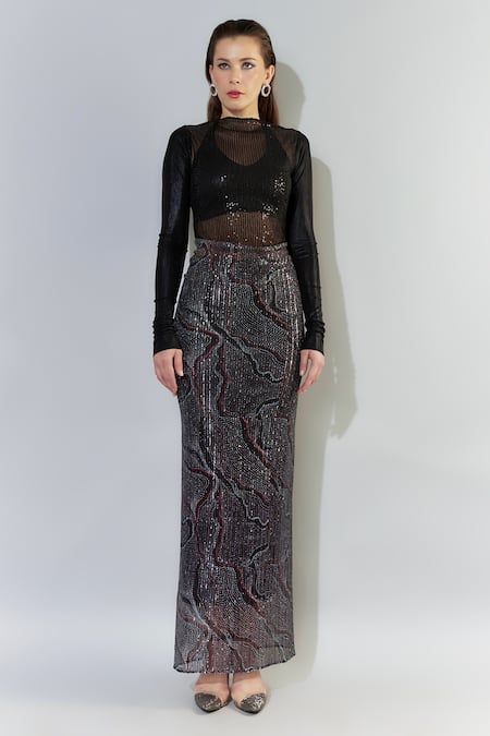 Buy Cham Cham Black Kota Doria Embroidery, Sequins Round Neck Metallic Printed Maxi Dress Online at Aza Fashions Buy_Cham Cham_Black Kota Doria Embroidery, Sequins Round Neck Metallic Printed Maxi Dress_Online_at_Aza_Fashions