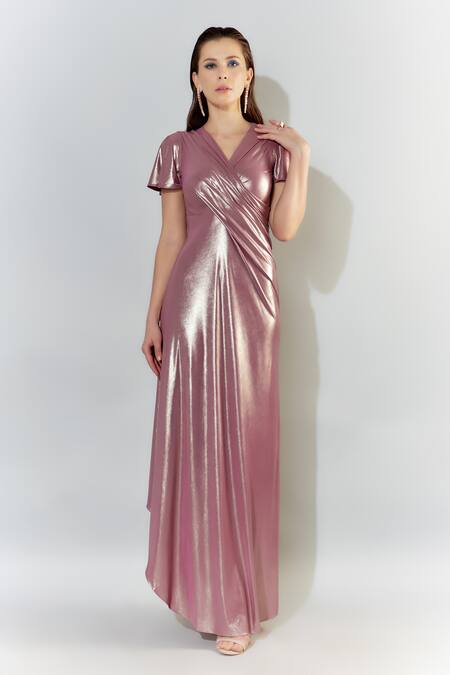 Cham Cham Pink Satin V-neck Metallic Flutter Sleeve Gathered Gown Online at Aza Fashions Cham Cham_Pink Satin V-neck Metallic Flutter Sleeve Gathered Gown _Online_at_Aza_Fashions