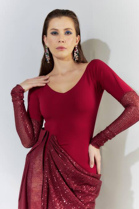 Cham Cham Red Chiffon Sequins V-neck Cowl Gown Online at Aza Fashions Cham Cham_Red Chiffon Sequins V-neck Cowl Gown _Online_at_Aza_Fashions