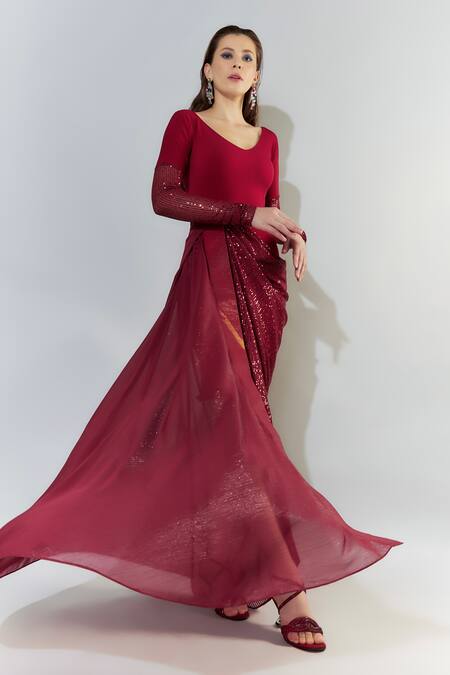 Buy Cham Cham Red Chiffon Sequins V-neck Cowl Gown Online at Aza Fashions Buy_Cham Cham_Red Chiffon Sequins V-neck Cowl Gown _Online_at_Aza_Fashions