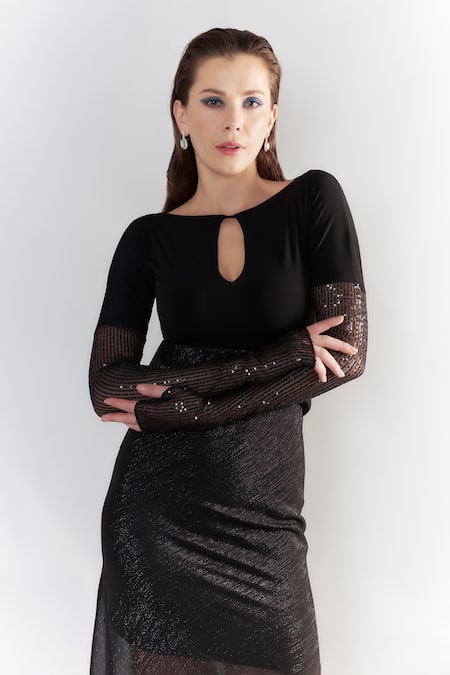 Cham Cham_Black Chiffon Sequins Boat Neck Shimmer Maxi Gown _Online_at_Aza_Fashions