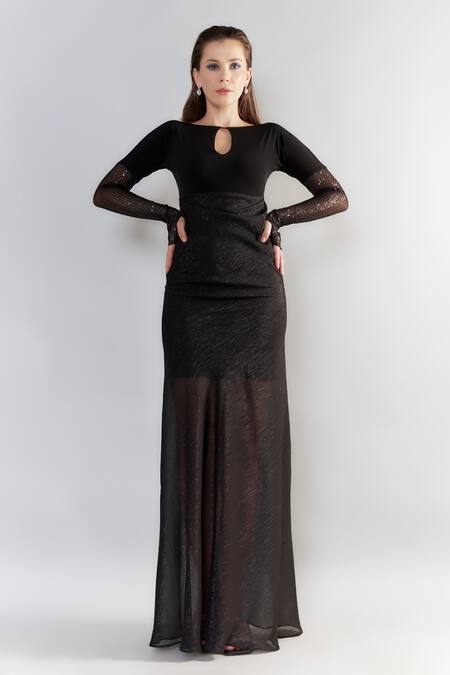 Buy_Cham Cham_Black Chiffon Sequins Boat Neck Shimmer Maxi Gown _Online_at_Aza_Fashions