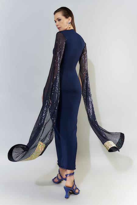 Shop_Cham Cham_Blue Cotton Sequins Square Neck Pencil Fit Trail Sleeve Dress _at_Aza_Fashions