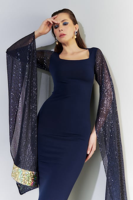 Cham Cham_Blue Cotton Sequins Square Neck Pencil Fit Trail Sleeve Dress _Online_at_Aza_Fashions