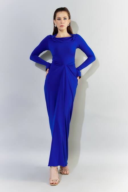 Buy_Cham Cham_Blue Kota Doria Cowl Neck Draped Cuff Sleeve Gown _Online_at_Aza_Fashions