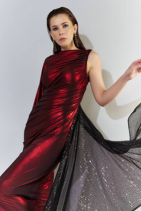 Cham Cham Red Silk, Polyester Sequins Boat Neck Metallic Trail Gown Online at Aza Fashions Cham Cham_Red Silk, Polyester Sequins Boat Neck Metallic Trail Gown_Online_at_Aza_Fashions