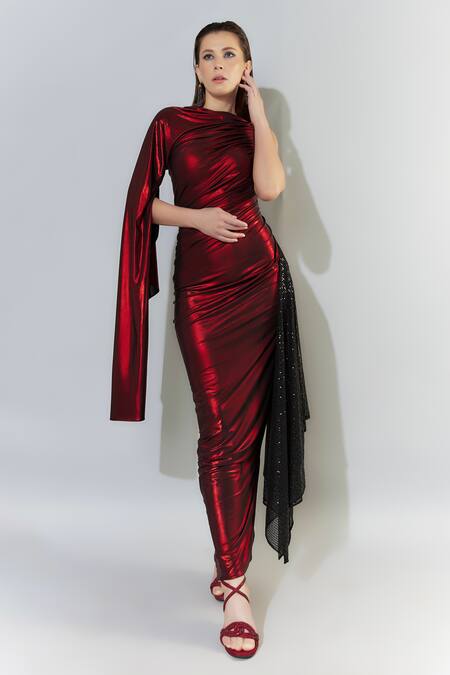 Buy Cham Cham Red Silk, Polyester Sequins Boat Neck Metallic Trail Gown Online at Aza Fashions Buy_Cham Cham_Red Silk, Polyester Sequins Boat Neck Metallic Trail Gown_Online_at_Aza_Fashions
