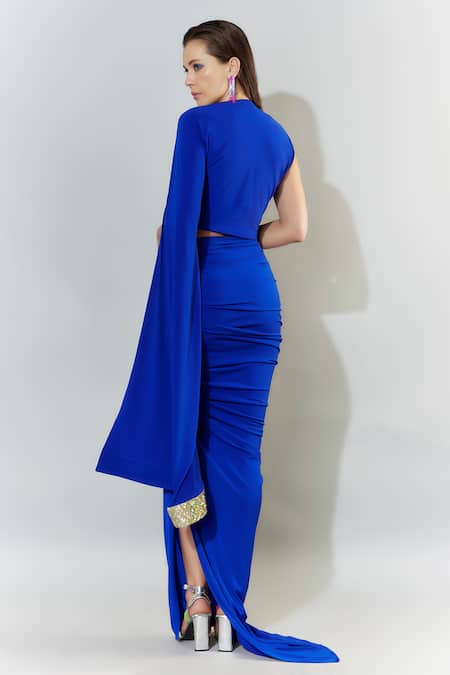 Shop_Cham Cham_Blue Polyester Cowl Neck Top And Gathered Skirt Set _at_Aza_Fashions